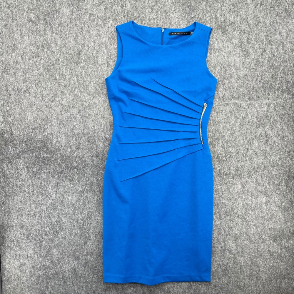 Ivanka Trump Dress Womens 2 Blue Sleeveless Pleated Sheath Gold Side Zip